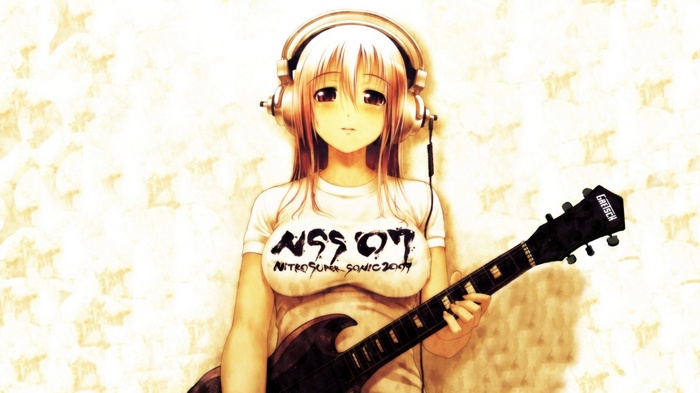 Super Sonico with Headphones and Guitar