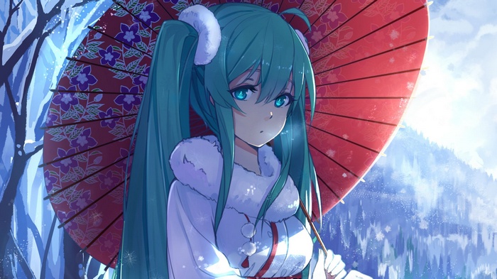 Hatsune Miku in a snowy forest with a Japanese umbrella