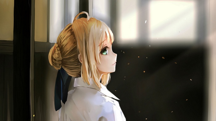 Saber from Fate Series with green eyes and blonde hair