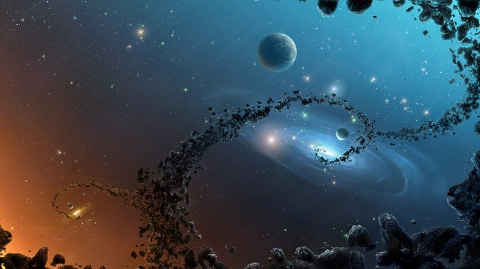 Space scene with planets, galaxy, and asteroid belt
