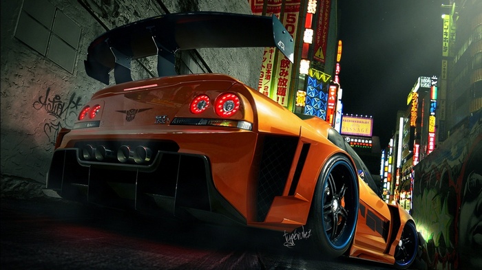 Orange sports car in a neon-lit alley