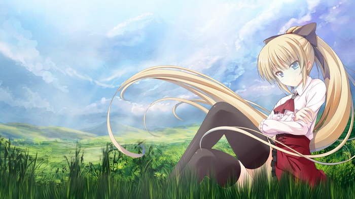 Anime girl with blonde ponytail in a grassy field