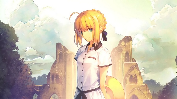Saber in a School Uniform with Ruins Background