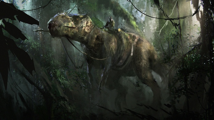 A person rides a Tyrannosaurus Rex through a jungle