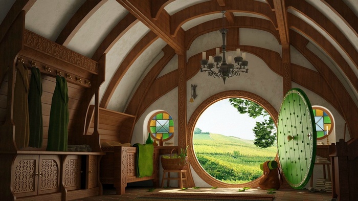 Bag End interior with round door and vineyard view