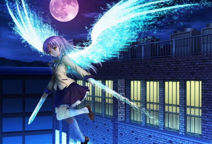 Tachibana Kanade with glowing wings and sword
