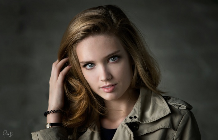 Portrait of a blonde woman with blue eyes