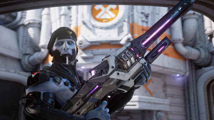 Unreal Tournament character with futuristic weapon