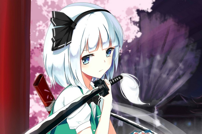 Konpaku Youmu with Katana and Cherry Blossoms