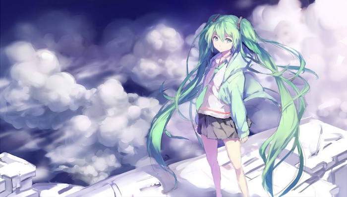 Hatsune Miku standing on a structure with clouds in the background