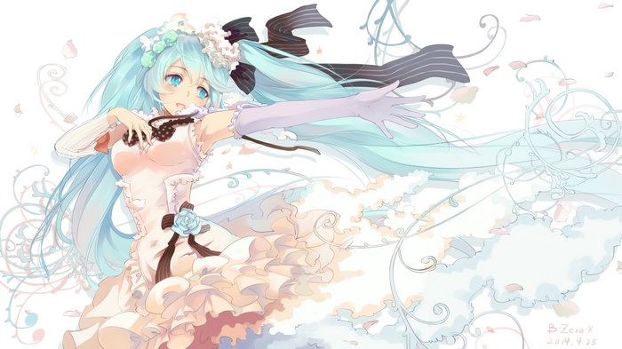 headband, Hatsune Miku, petals, simple background, anime, Vocaloid, long hair, flowers, white dress, ribbon, twintails, anime girls