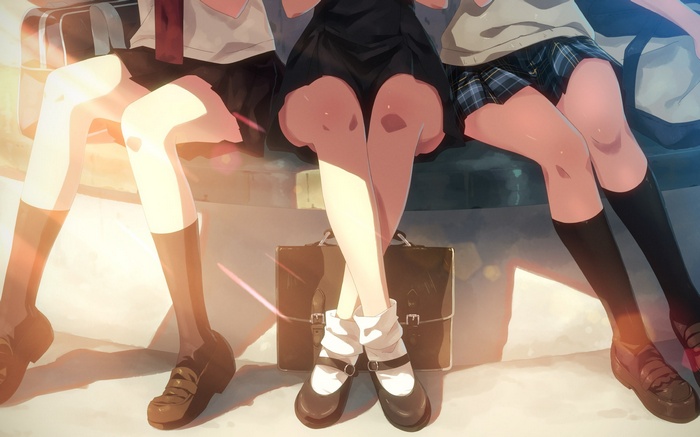 Anime girls in school uniforms with bags and shoes