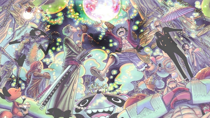 One Piece characters celebrating under a large moon
