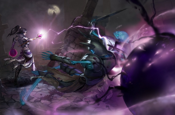 Witch casting magic on fallen knight in fantasy art