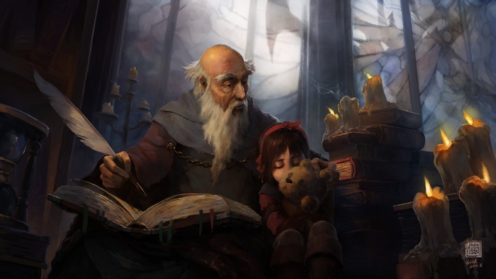 Deckard Cain and Leah with a teddy bear
