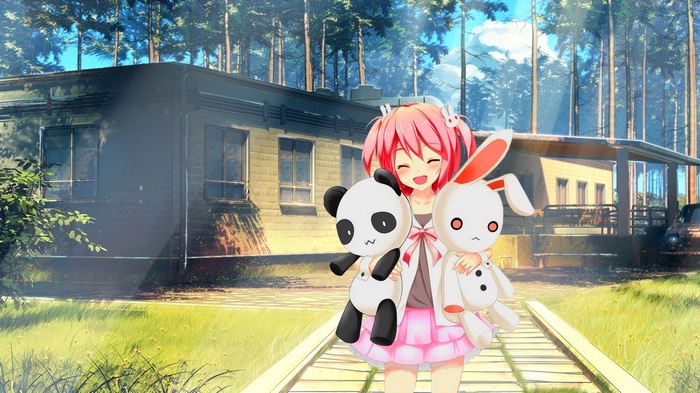 Anime girl holding stuffed panda and rabbit toys