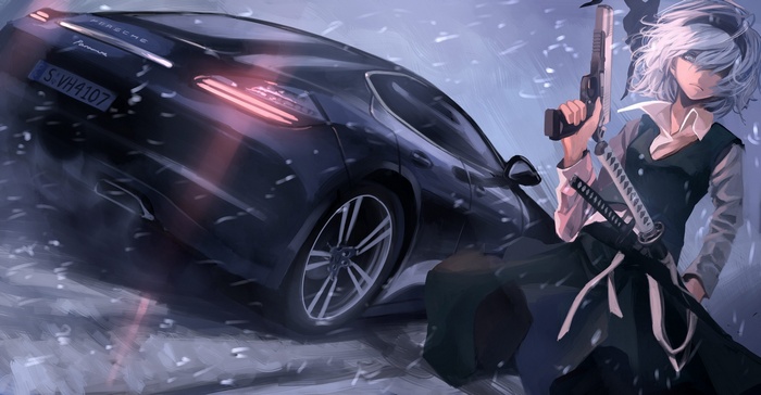 Konpaku Youmu with Gun and Katana near Porsche Panamera