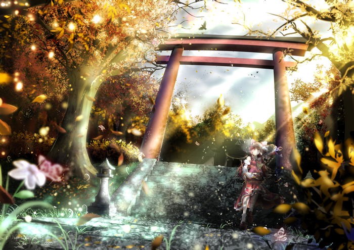 Hakurei Reimu in a Torii Gate Shrine with Falling Leaves