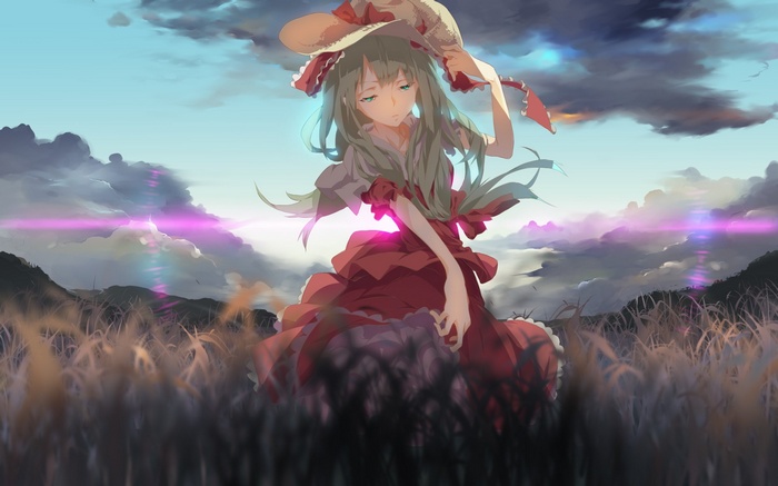 Kagiyama Hina in a red dress in a field