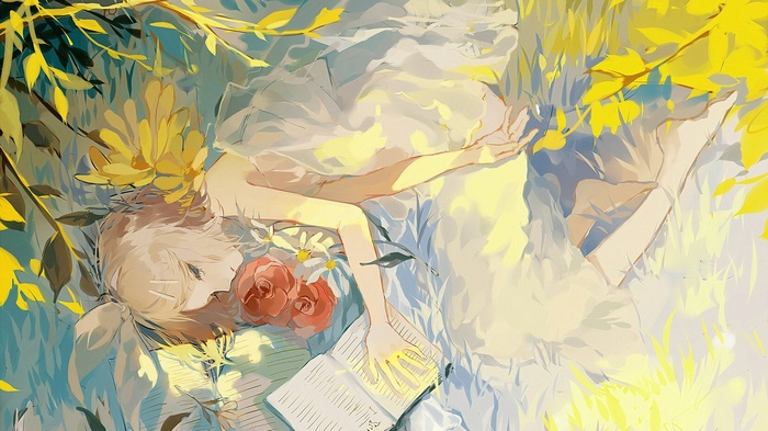 Kagamine Rin lying in flowers reading a book