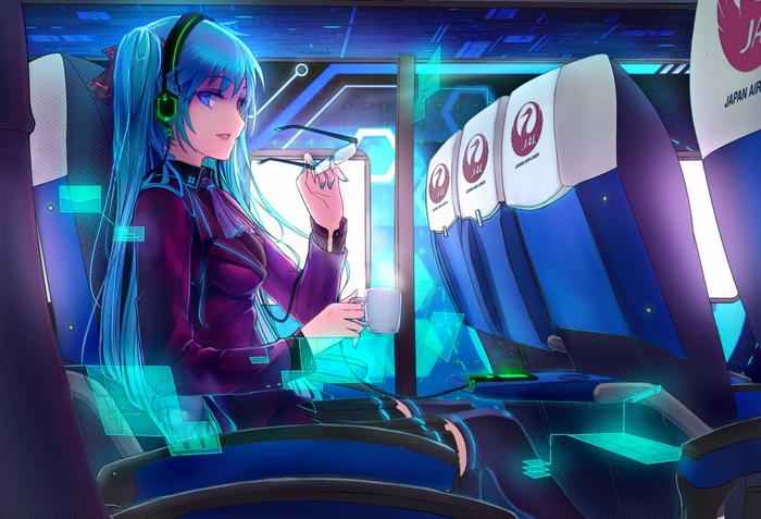 Hatsune Miku on a futuristic airplane with JAL seats
