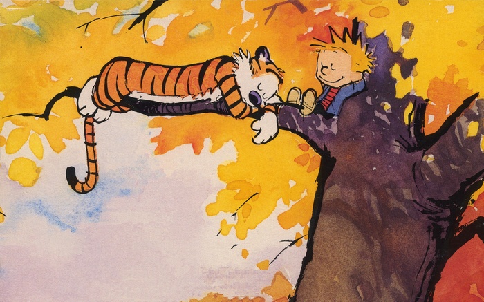 Calvin and Hobbes sleeping in a tree