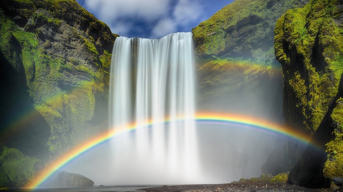 Skogafoss Waterfall with Rainbow in Iceland