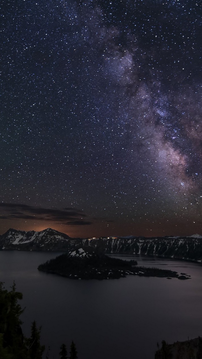 Milky Way over Crater Lake and Mountains