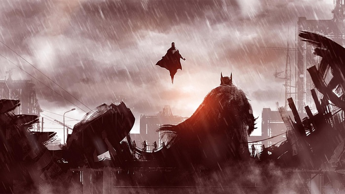Batman and Superman in a ruined city