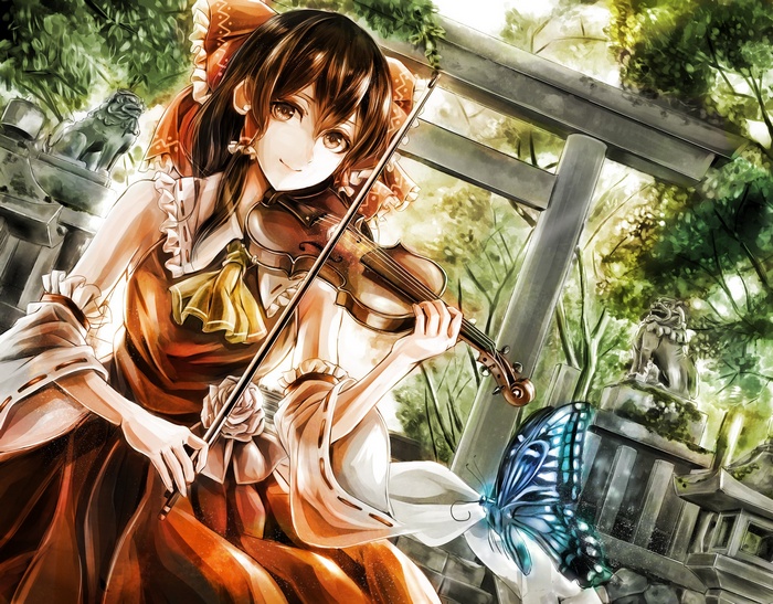 Touhou: Hakurei Reimu plays violin with a butterfly