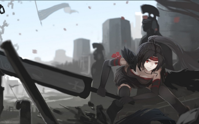 Anime girl with black hair and red eyes holding a sword