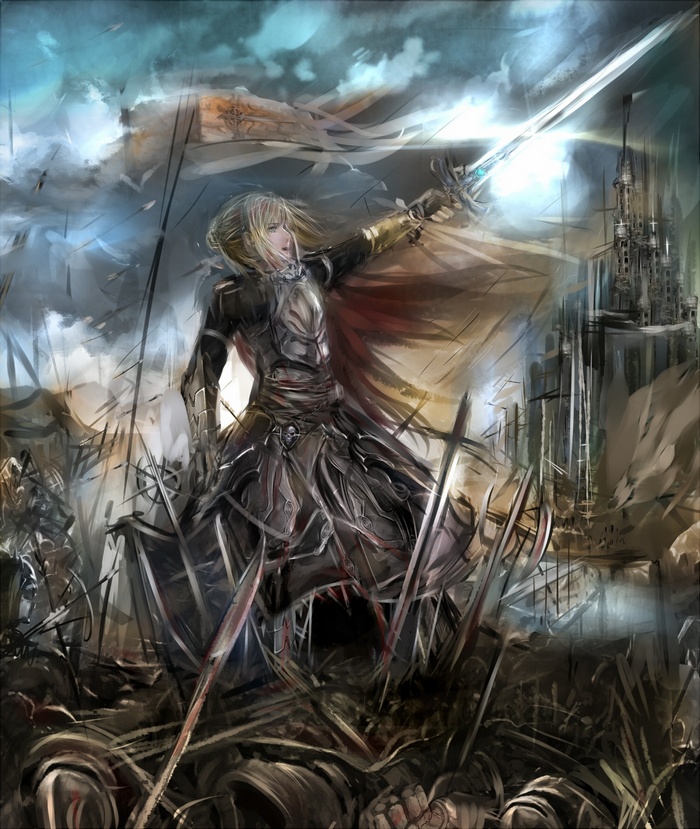 Saber in a battlefield with a castle