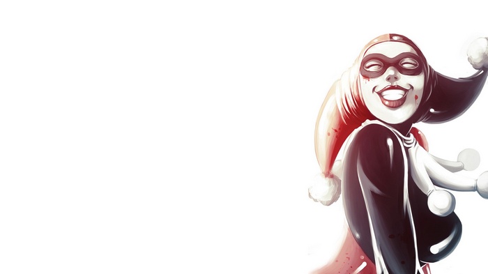 Harley Quinn smiling with red and black jester costume