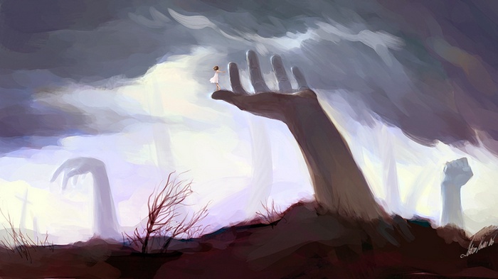 A girl stands on a giant hand in a surreal landscape