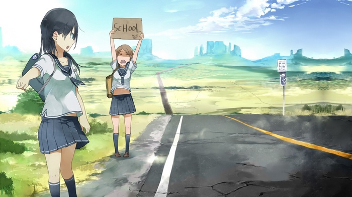 Anime girls in school uniforms hitchhiking