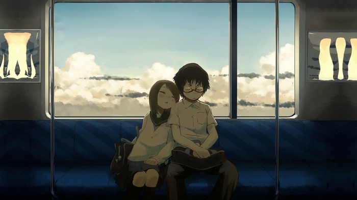 anime girls, sleeping, train, original characters