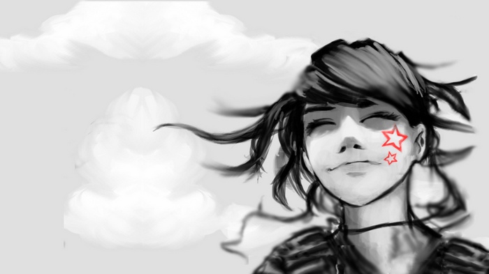 Anime girl with stars on her face in the clouds