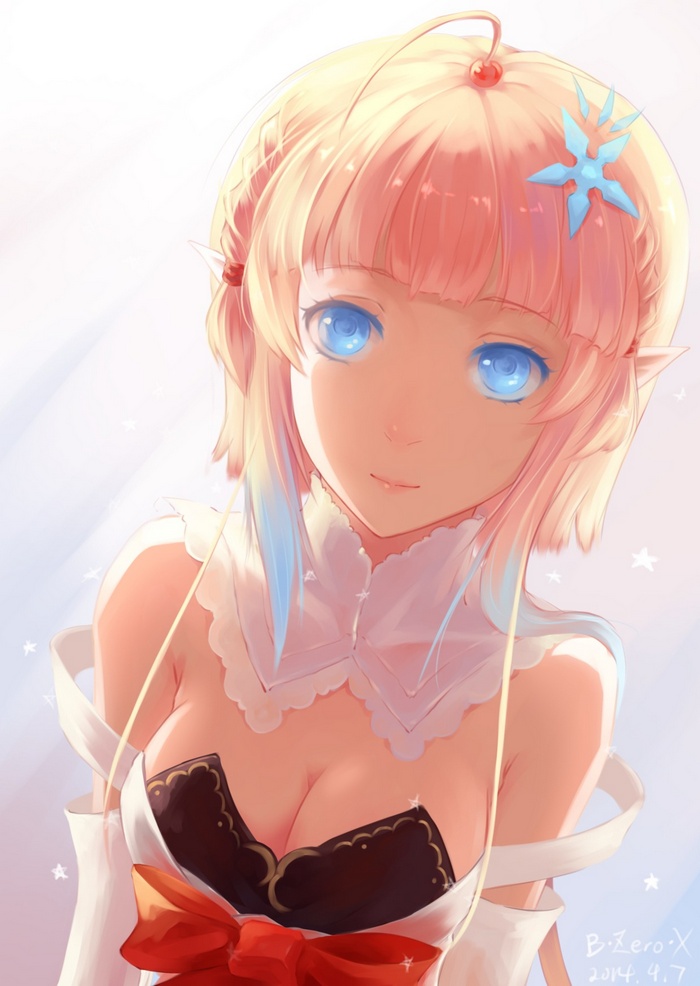 Anime girl with short blonde hair and blue eyes