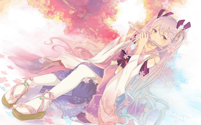 Hatsune Miku, cherry trees, long hair, anime girls, anime, twintails, thigh-highs, flute, kimono, Vocaloid, ribbon