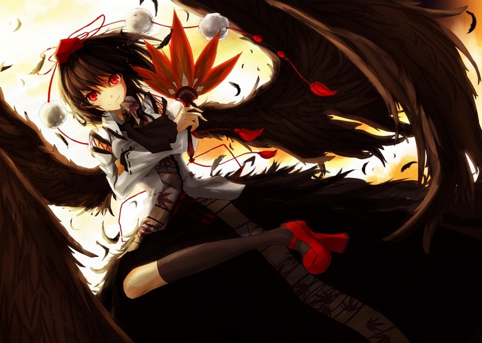 Shameimaru Aya with black wings and red fan