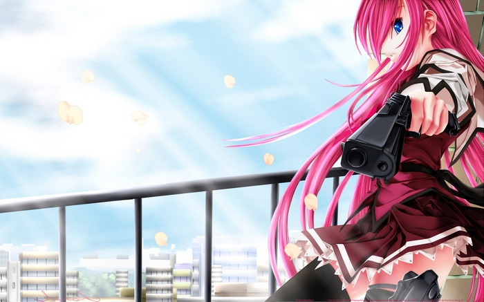 Koisuru Otome to Shugo no Tate anime girl with pink hair holding a gun
