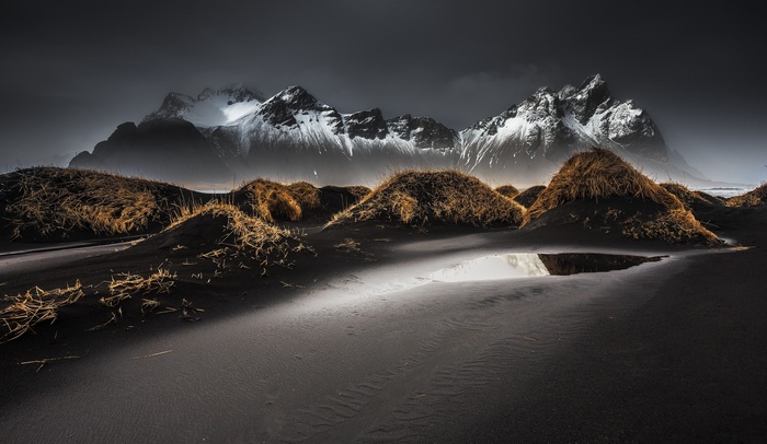 Black sand dunes and snowy mountains in Iceland