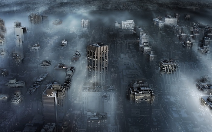 Misty New York City cityscape with skyscrapers