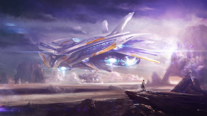 Science fiction spaceship landing on alien planet