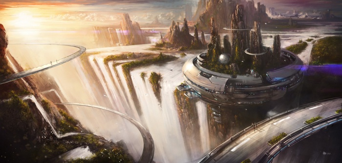 Futuristic city with waterfalls and sky bridges