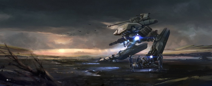 Science fiction mech with soldiers on a desolate landscape