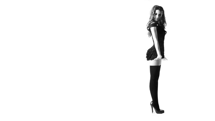 white, actress, monochrome, stockings, simple background, model, high heels, Evangeline Lilly, women