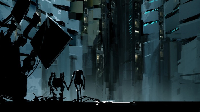 Two robots holding hands in a desolate, futuristic city