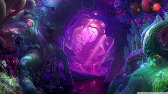 Psychedelic fantasy art forest with glowing mushrooms