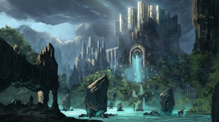 Fantasy castle with waterfall and ancient ruins